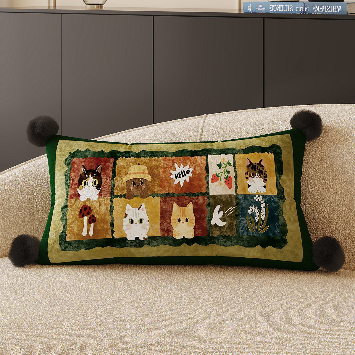 Decorative Rectangular Throw Pillow with Pom-Pom Corners and Patchwork Cat Illustration