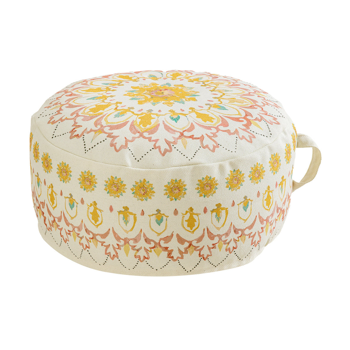 Rundes Sitzpouf mit gewebtem Baumwollbezug und ethnischem Mandala-Print Brehn