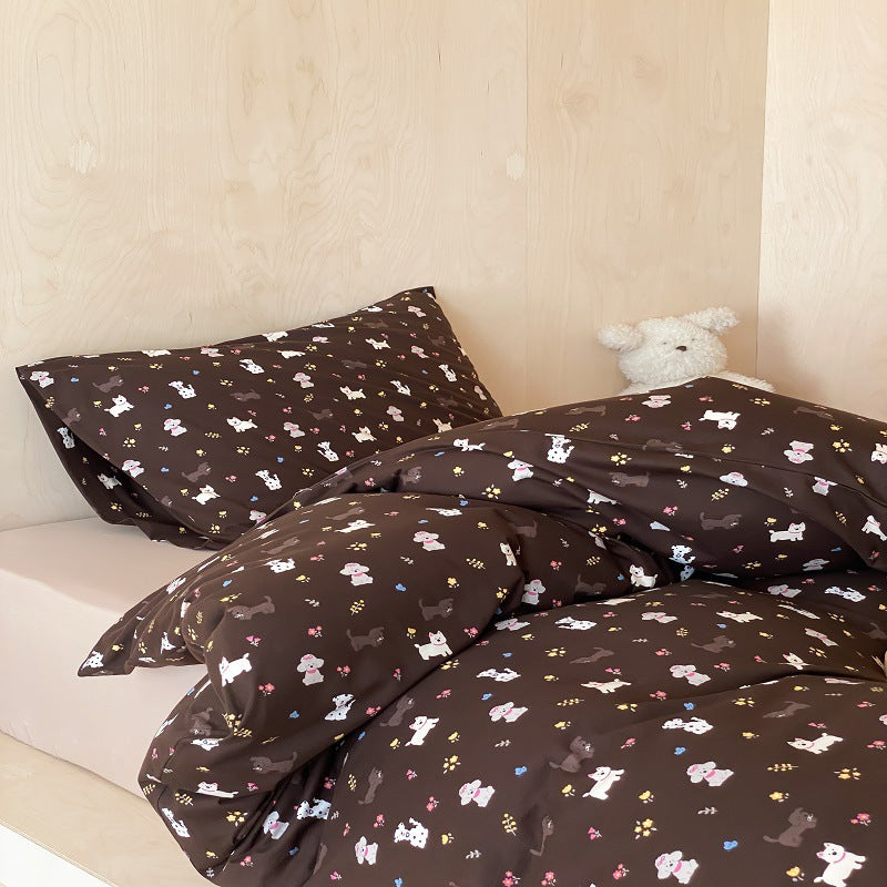Umkehrbare Baumwoll-Percale Bettwäsche und Kissenbezug Set mit verspieltem Welpen Blumenmuster