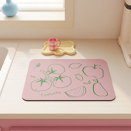Non-Slip Heat-Resistant Kitchen Dish Drying Mat with Cute Tea Doodle Print
