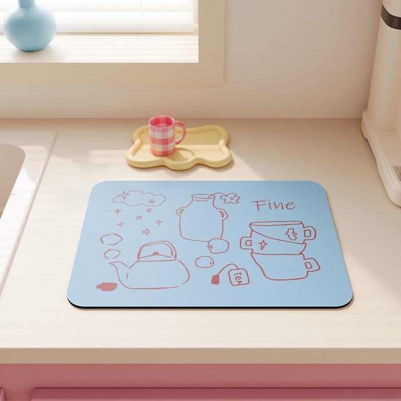 Non-Slip Heat-Resistant Kitchen Dish Drying Mat with Cute Tea Doodle Print