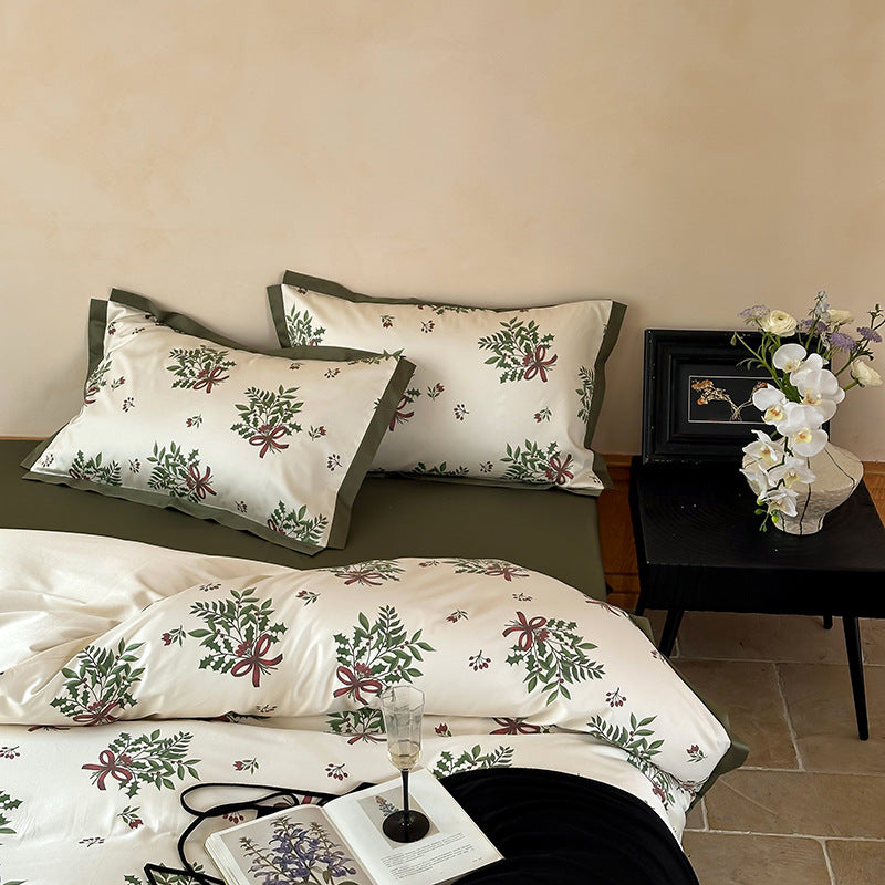 Botanisches Blumen-Baumwoll-Bettüberzug-Set mit Olivenrand & Kissenbezügen