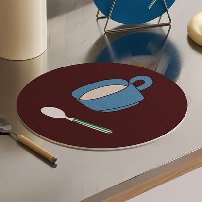 Round Decorative Absorbent Cork Coaster Set with Metal Stand and Fruit Plate Illustration