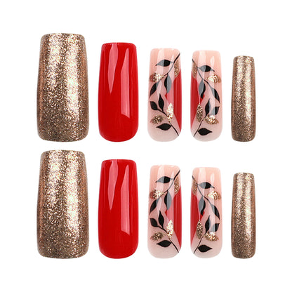 Kunstvolle Gel-Nägel mit elegantem Floral-Design und Glitzerakzenten Brehn