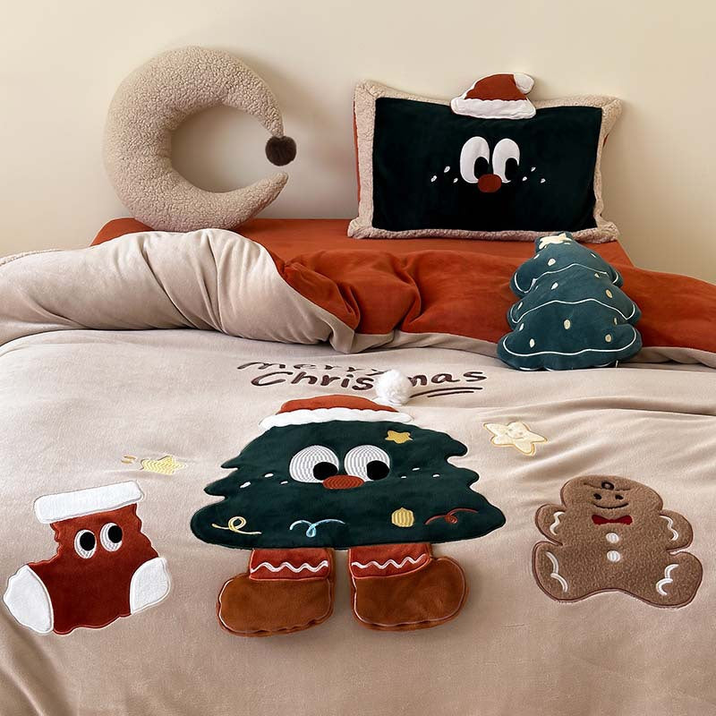 Weihnachtliches Kuschelbettwäsche-Set mit 3D-Applikationen und Teddyfleece