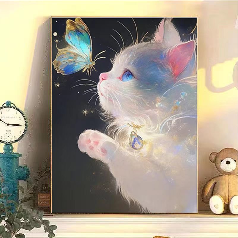 Verzaubernder Katzen- und Schmetterlings-Kunstdruck Brehn