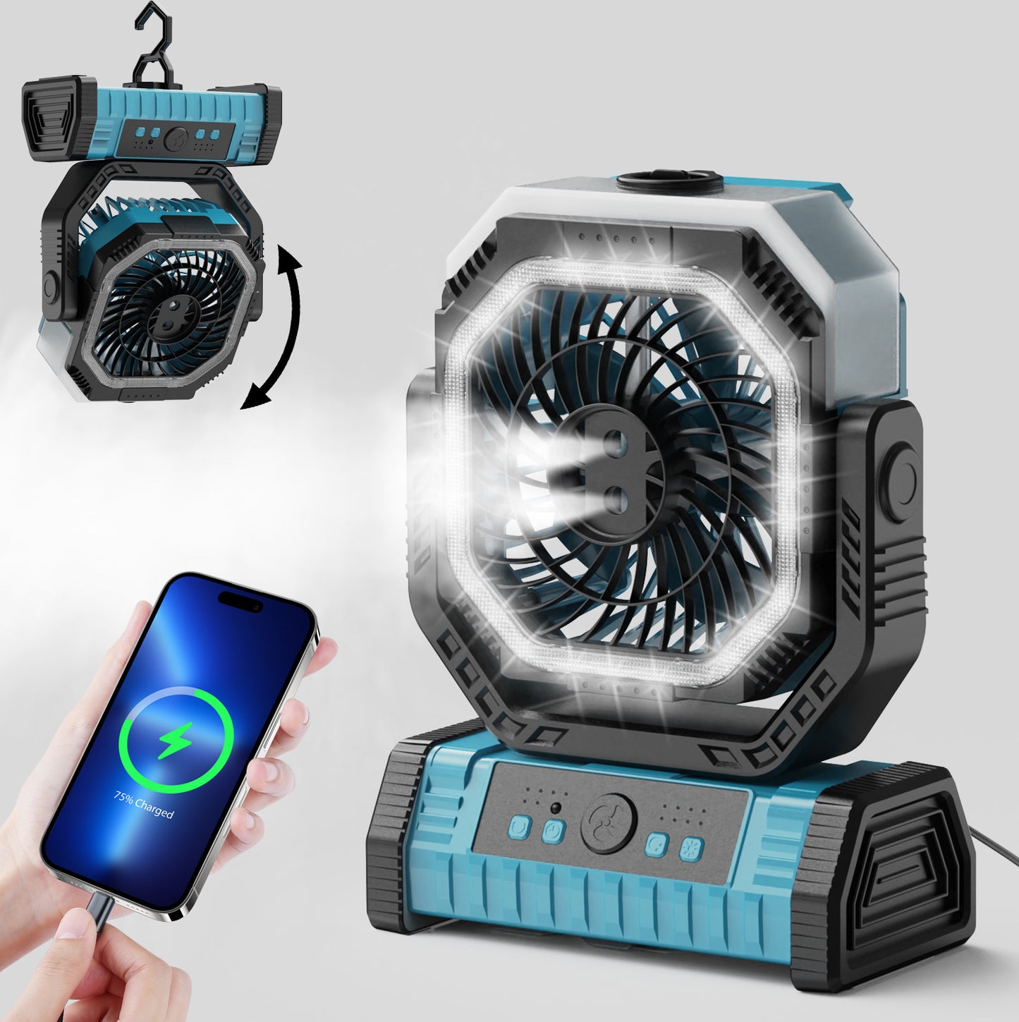 Unisex nan wiederaufladbarer Akku-Tischventilator mit LED-Ring und verstellbarem Neigekopf Brehn