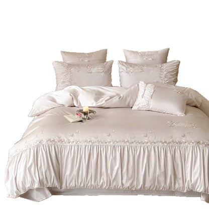 Bestickte Satin-Feel Rüschende Bettbezug Set mit Dekorativen Kissenbezügen