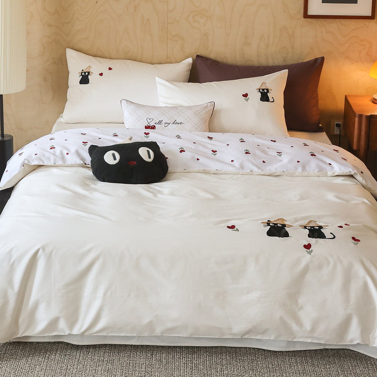 Bestickte Hund-Applikation Baumwolle Bettwäsche Set mit Wendbarem Gestreiftem Panel & Kissenbezügen