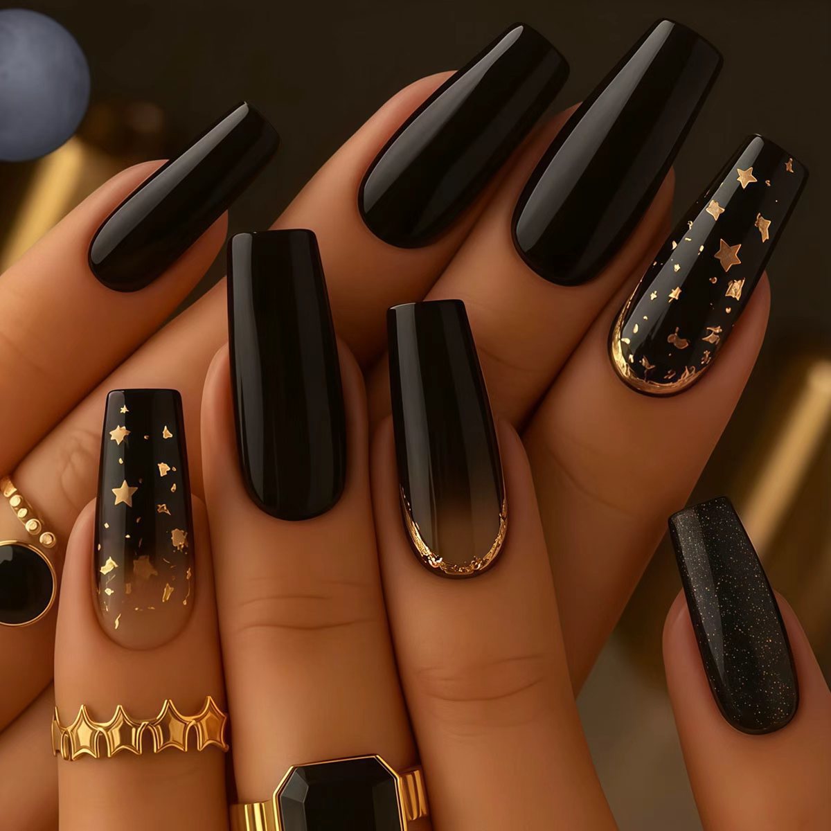 Glamouröse von einem sternenklaren Nachthimmel inspirierte Press-On Nagelset Brehn
