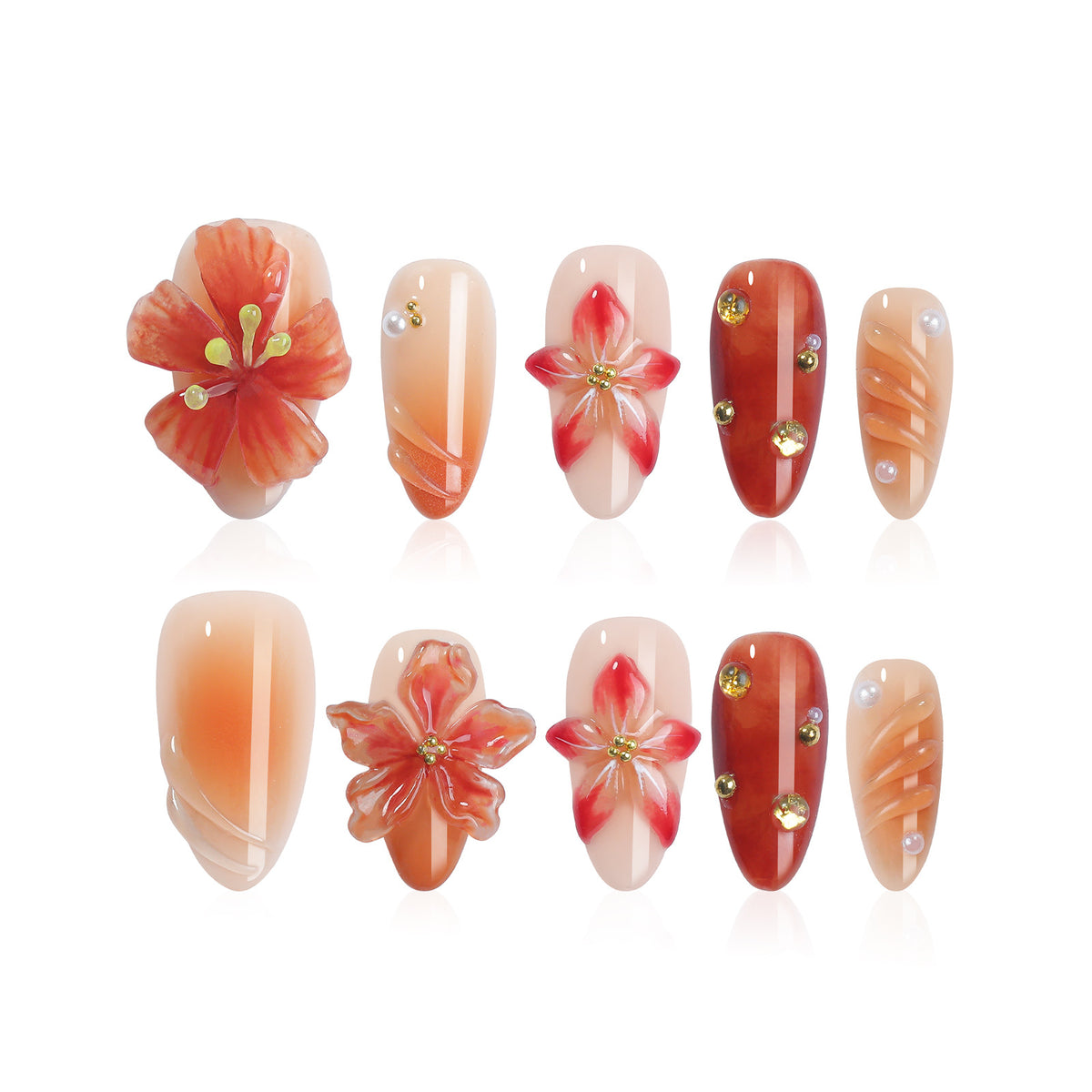 Kunstnagelset mit handgefertigten Blüten-Designs Brehn