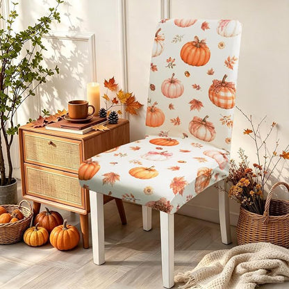 Stretch-Stuhlhusse mit herbstlichem Kürbis- und Blattmotiv