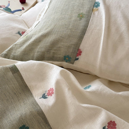 Florales Patchwork Baumwoll-Leinen Bettdeckenbezug Set mit gesticktem Zweigmotiv