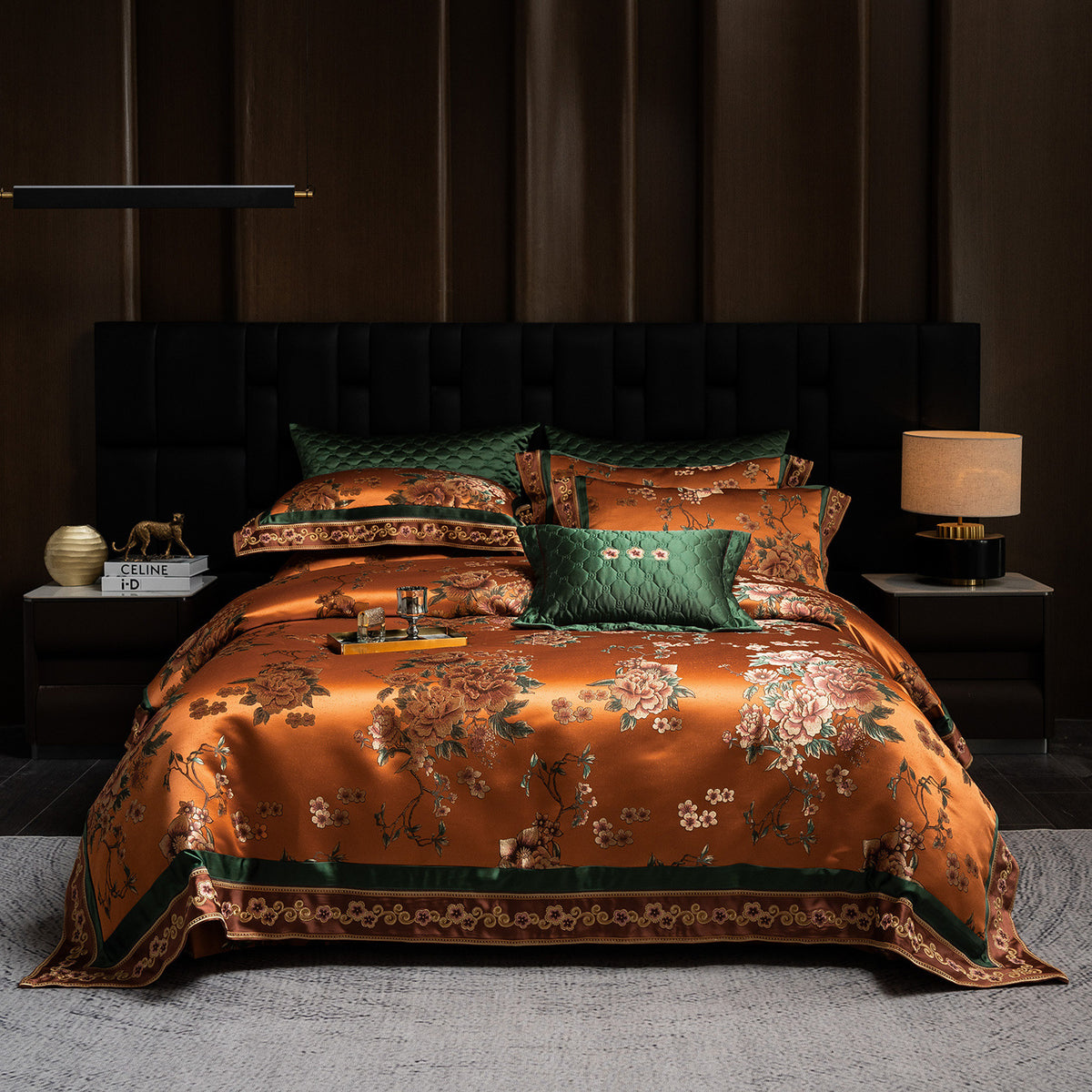 Luxus Satin Floral Jacquard Bettbezug Set mit gesteppter Kissenhülle & dekorativen Kissen