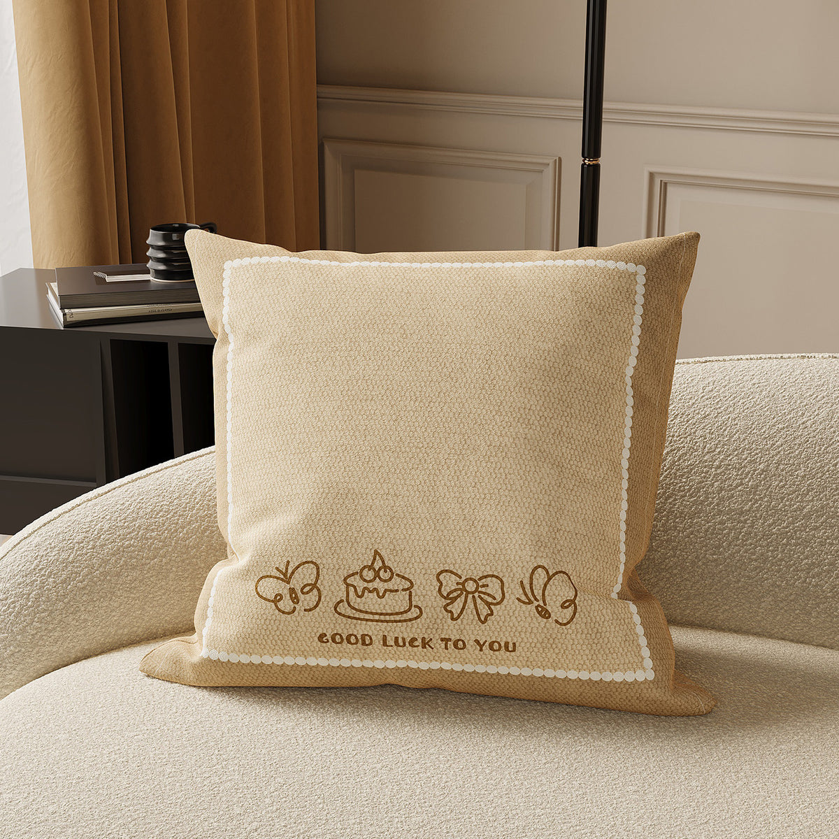 Square Textured Bouclé Throw Pillow Cover with Embroidered Teddy Motif