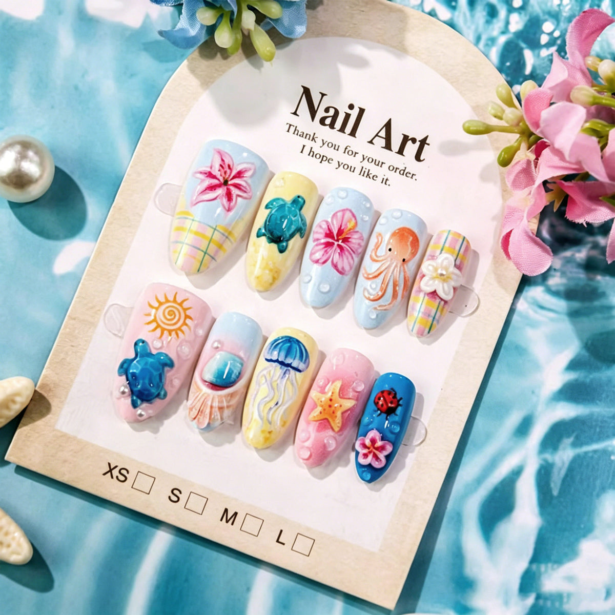 Tropisches vom Ozean inspiriertes Press-On Nagelkunstset
