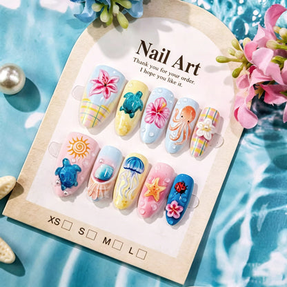 Tropisches vom Ozean inspiriertes Press-On Nagelkunstset