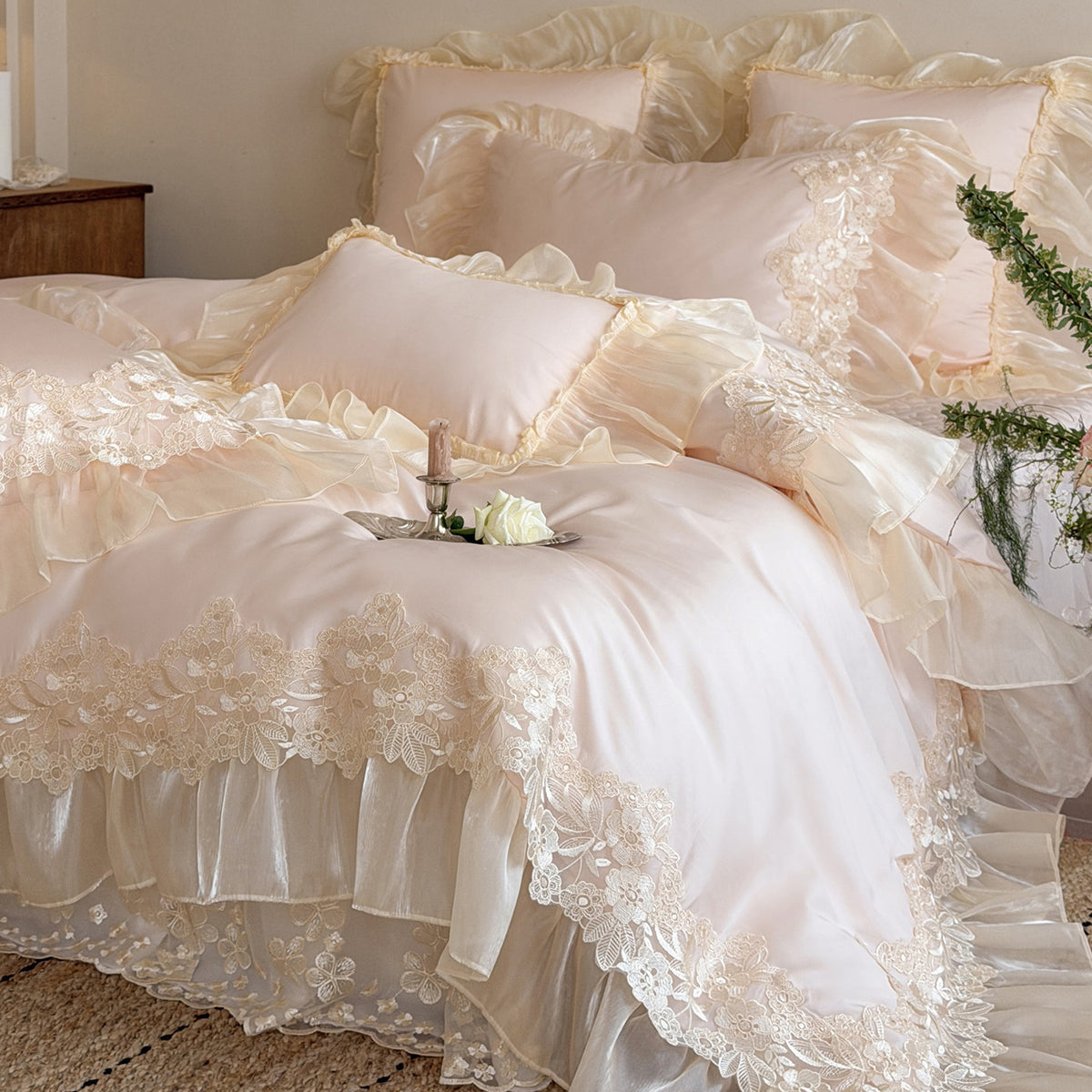 Romantisches Organza-volant Duvetbezug-Set mit Rüschenkissenbezügen