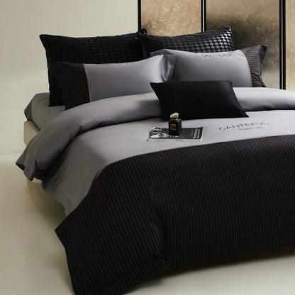 Luxuriöses Satin-Feel Wendebettbezug- und Kissenbezug-Ensemble mit Streifenbettdecke