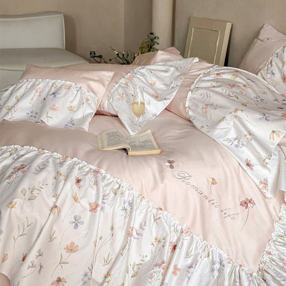 Rüsch Floral Baumwolle Sateen Bettwäsche Set mit Kissenbezügen und Bettrock