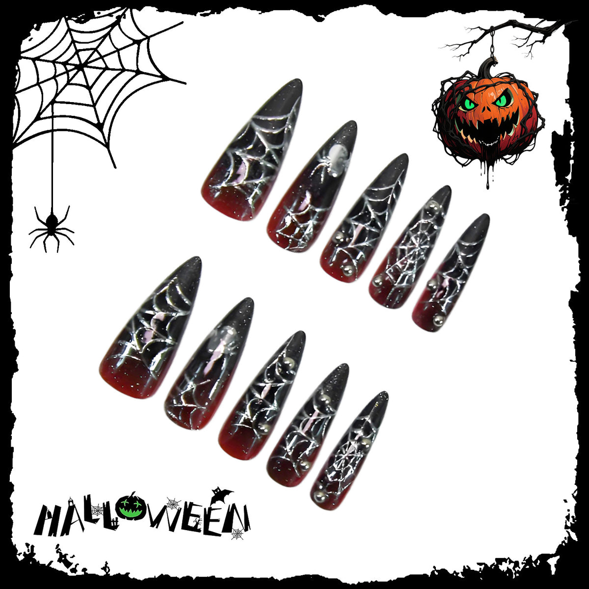 Halloween Kunstnagelset mit kreativen Spinnenmotiven und Glitzerdetails Brehn