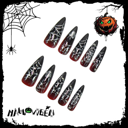 Halloween Kunstnagelset mit kreativen Spinnenmotiven und Glitzerdetails Brehn