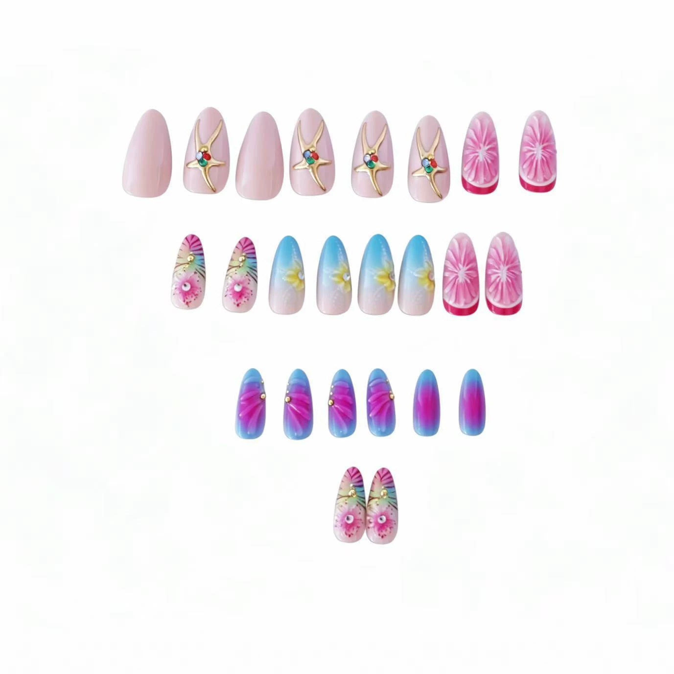 Künstlerisches Press-On Nail Set mit floralem 3D-Design Brehn