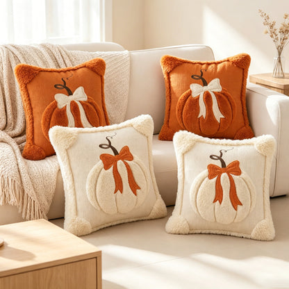 Herbst Kürbis Chenille Geplüschtes Quadratisches Wurfkissenüberzug mit Plüsch Erhobenem Motiv