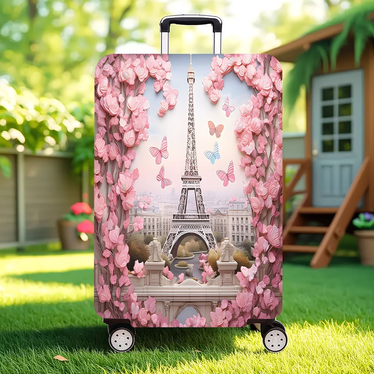 Unisex nan elastische Kofferhülle mit dreidimensionalem Blüten- und Schmetterlingsmotiv für Trolley mit Reißverschluss und rutschfester Innenbefestigung Brehn