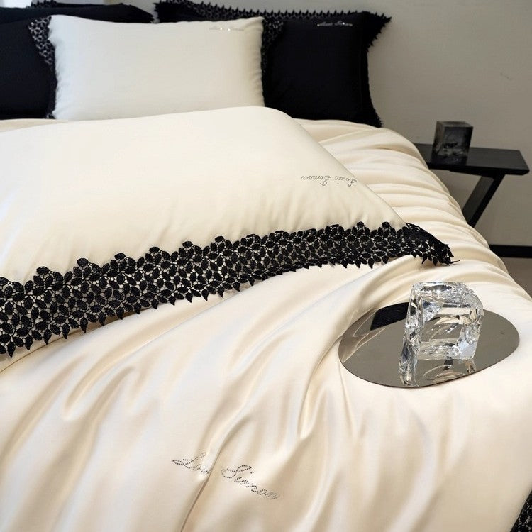 Luxus Baumwoll-Satin Bettbezug Set mit Spitze Applikation und gewelltem Rand