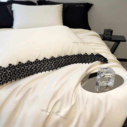 Luxus Baumwoll-Satin Bettbezug Set mit Spitze Applikation und gewelltem Rand