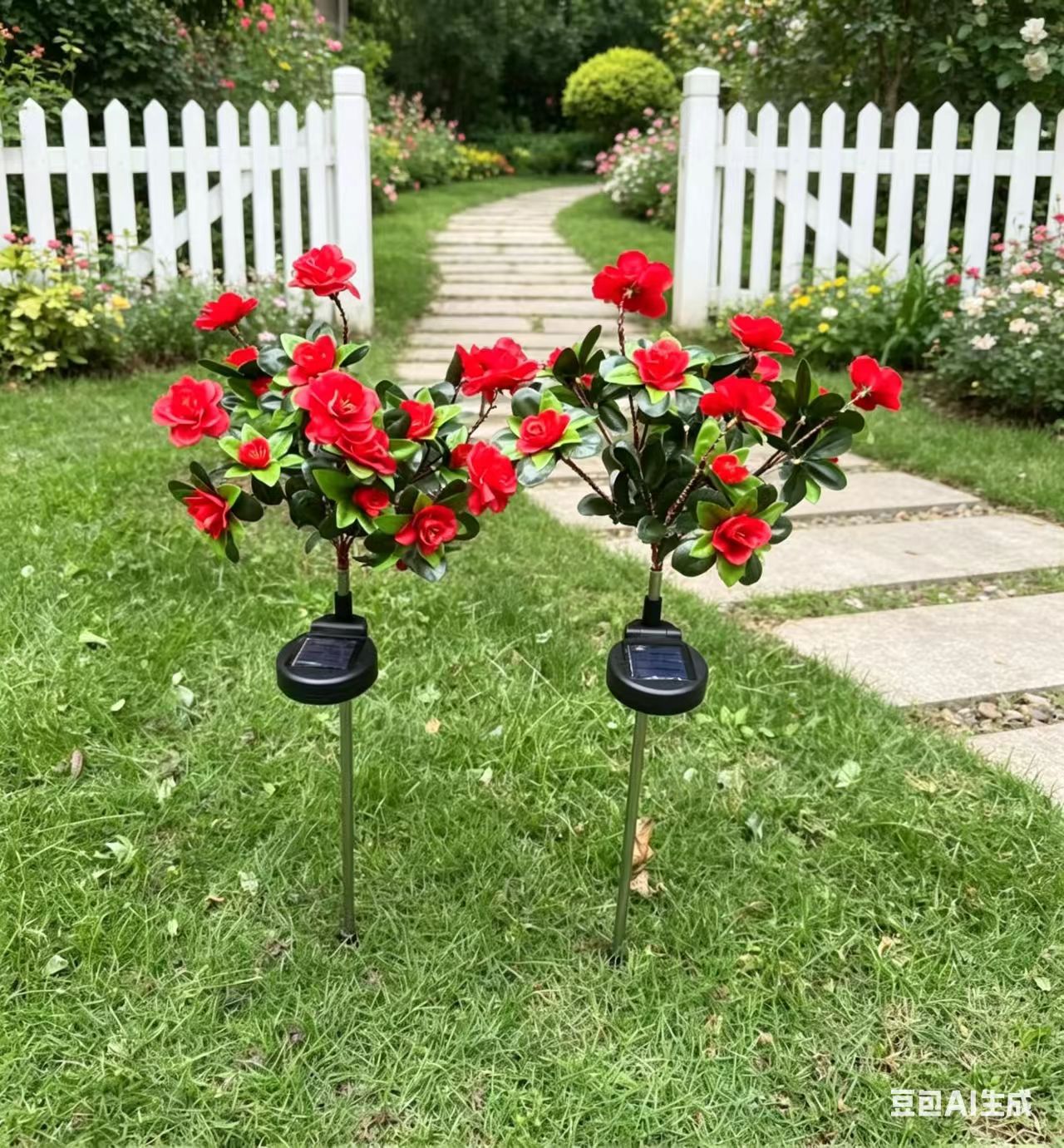 Solarbetriebene realistische Kamellien Blumen Gartenstecklichter mit verstellbaren LED-Köpfen und Edelstahlspike Brehn