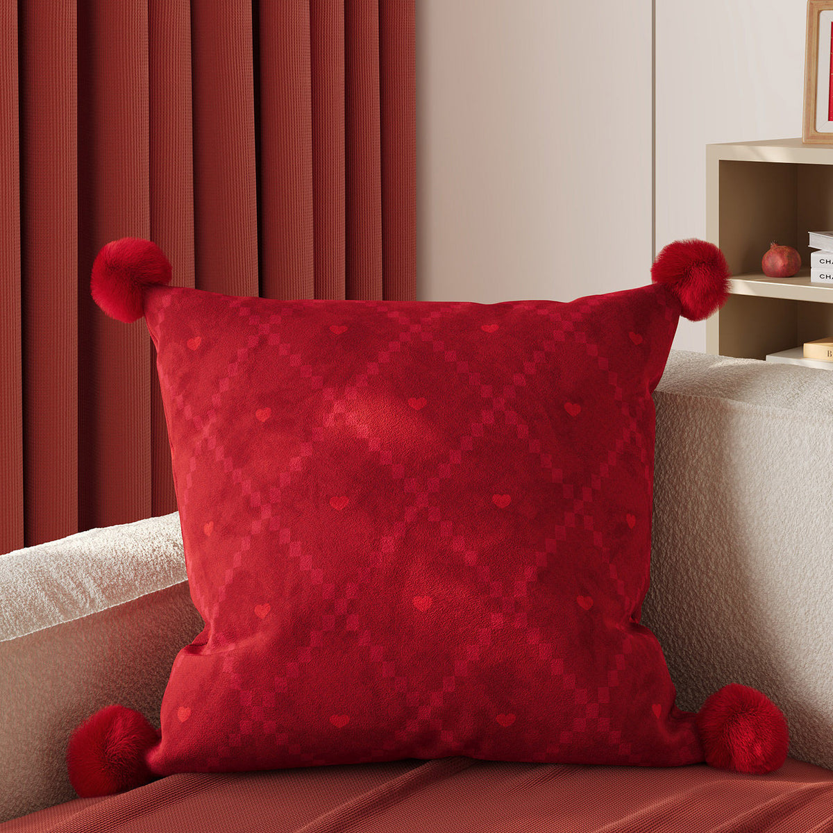 Luxurious Velvet Pom-Pom Throw Pillow with Jacquard Heart Pattern