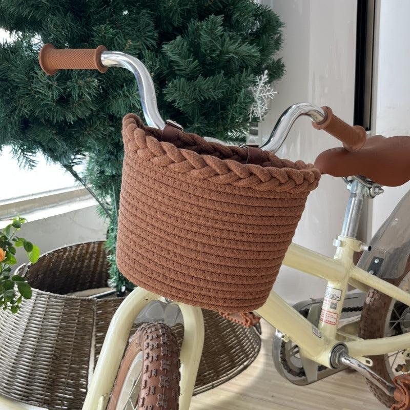 geflochtenes Seil Fahrradkorb mit Pompon-Verzierungen und Lederlenker-Riemen Brehn