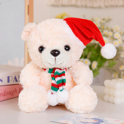 Festlicher Feiertags-Plüschbär Dekorative sitzende Kuschelfigur mit Pom-Pom-Schal & Veloursmütze Brehn