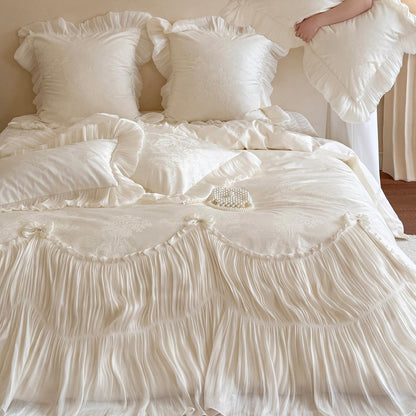 Luxe Falten Voile & Jacquard Rüschenduvet Ensemble mit Volant Euro Kissenbezügen