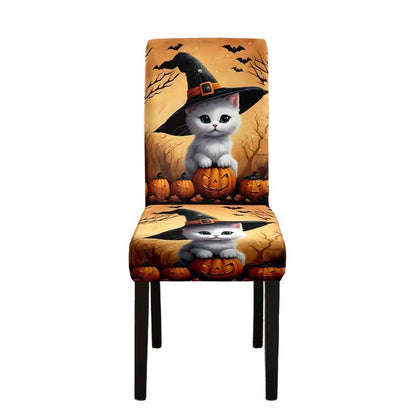 Elastische Stuhlhusse mit Halloween-Schloss und Hexenmotiv, dehnbarer Stuhlbezug für Rückenlehne und Sitz