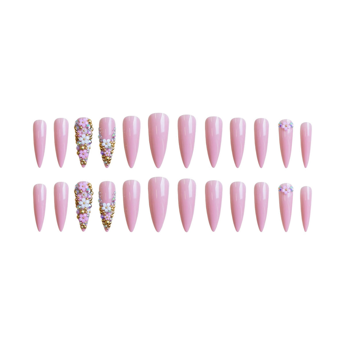 Kunstnagelset mit floralen 3D-Verzierungen und Glitzer Brehn