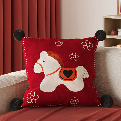 Decorative Square Pom-Pom Throw Pillow Cover with Jacquard Floral Motif