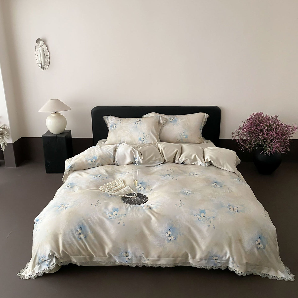 Luxus Satin-Bettbezug Set mit Spitze