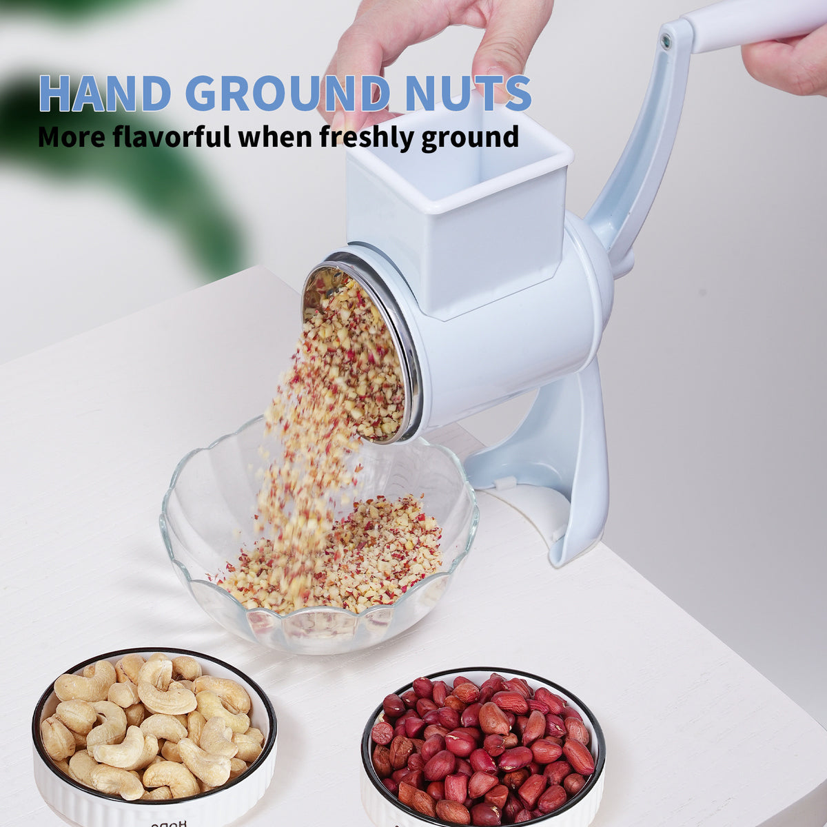 Manual Rotary Nut Grinder with Dual Stainless-Steel Drum Blades and Clamp