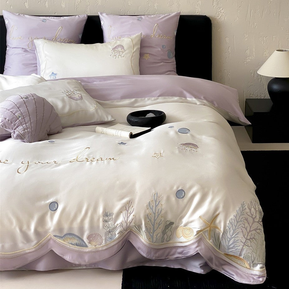 Bestickte Satin-Feeling Ozean-Motiv Bettbezug Set