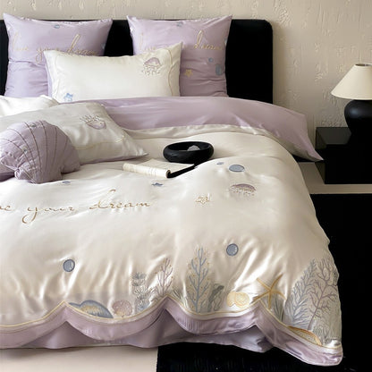 Bestickte Satin-Feeling Ozean-Motiv Bettbezug Set