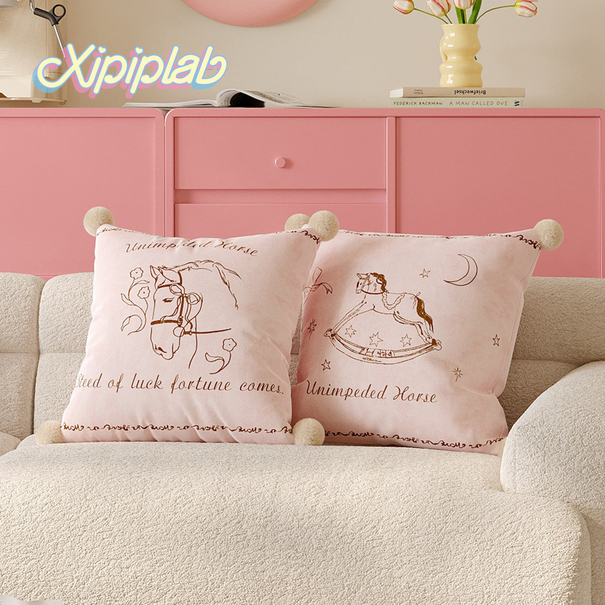 Velvet Pom-Pom Corner Decorative Throw Pillow Cover with Hand-Drawn Rocking Horse Motif