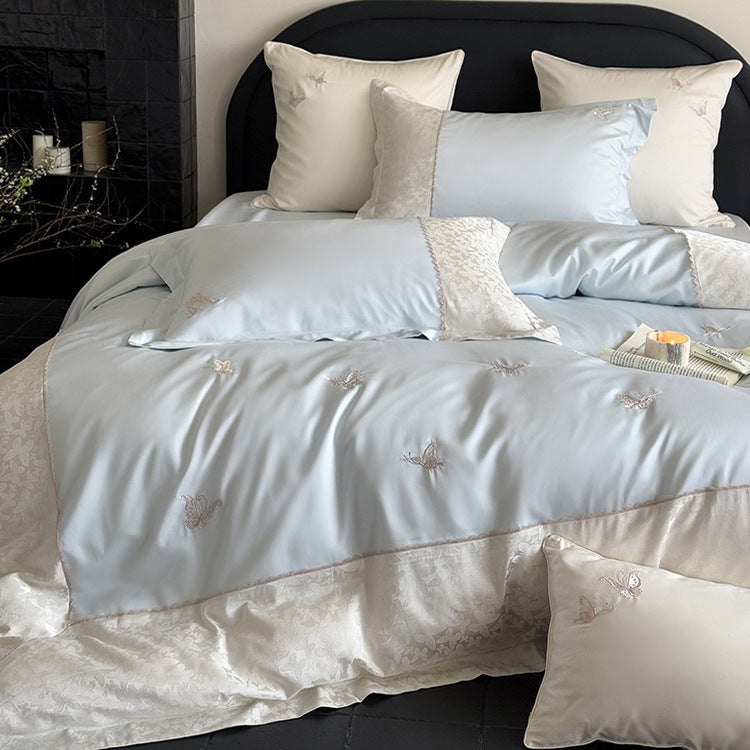 Luxe Seiden-Touch bestickte Schmetterlings-Bettwäsche-Set mit Jacquard-Rand
