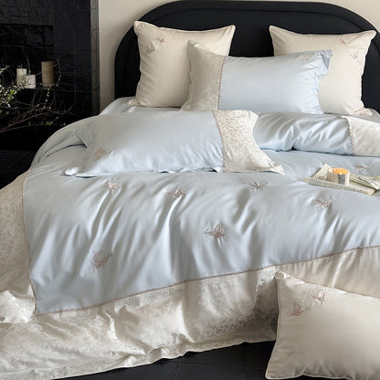 Luxe Seiden-Touch bestickte Schmetterlings-Bettwäsche-Set mit Jacquard-Rand