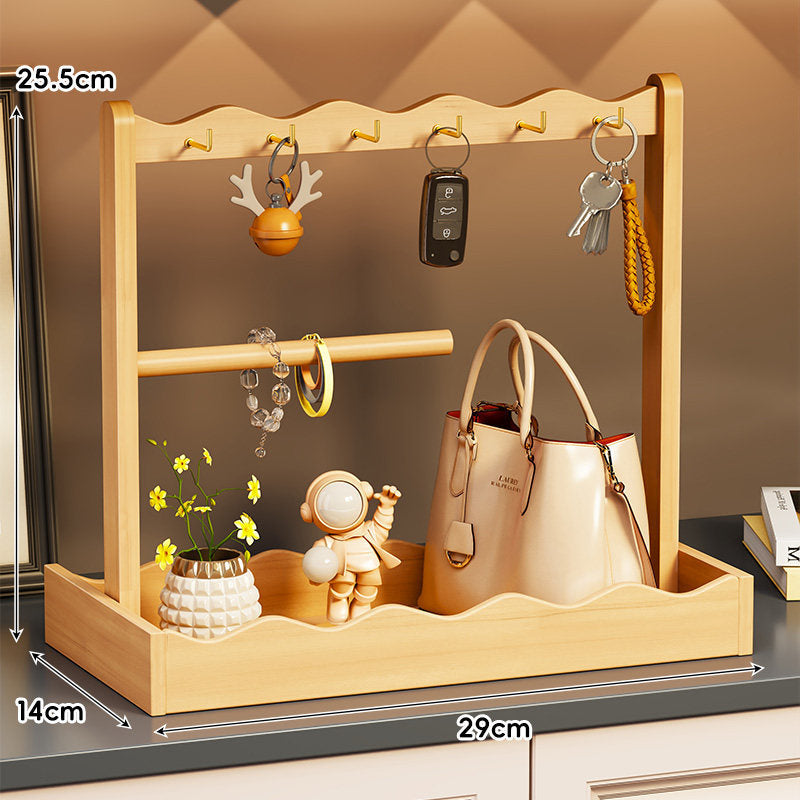 Holz-Eingangsvalet-Schale mit Multi-Haken-Schlüsselregal & Schmuckstangen-Organizer