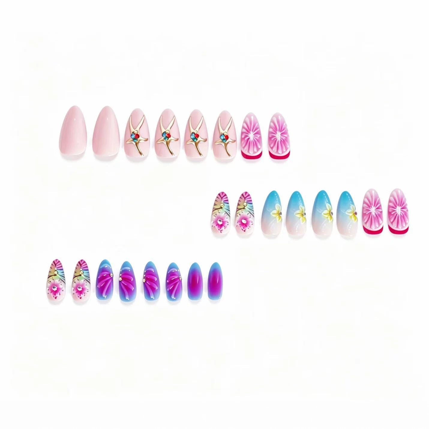 Künstlerisches Press-On Nail Set mit floralem 3D-Design Brehn
