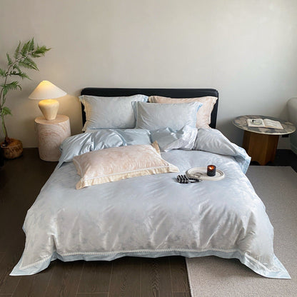 Luxuriöser Satin-Jacquard Bettbezug Set mit Spitzenbesatz Kissenbezügen