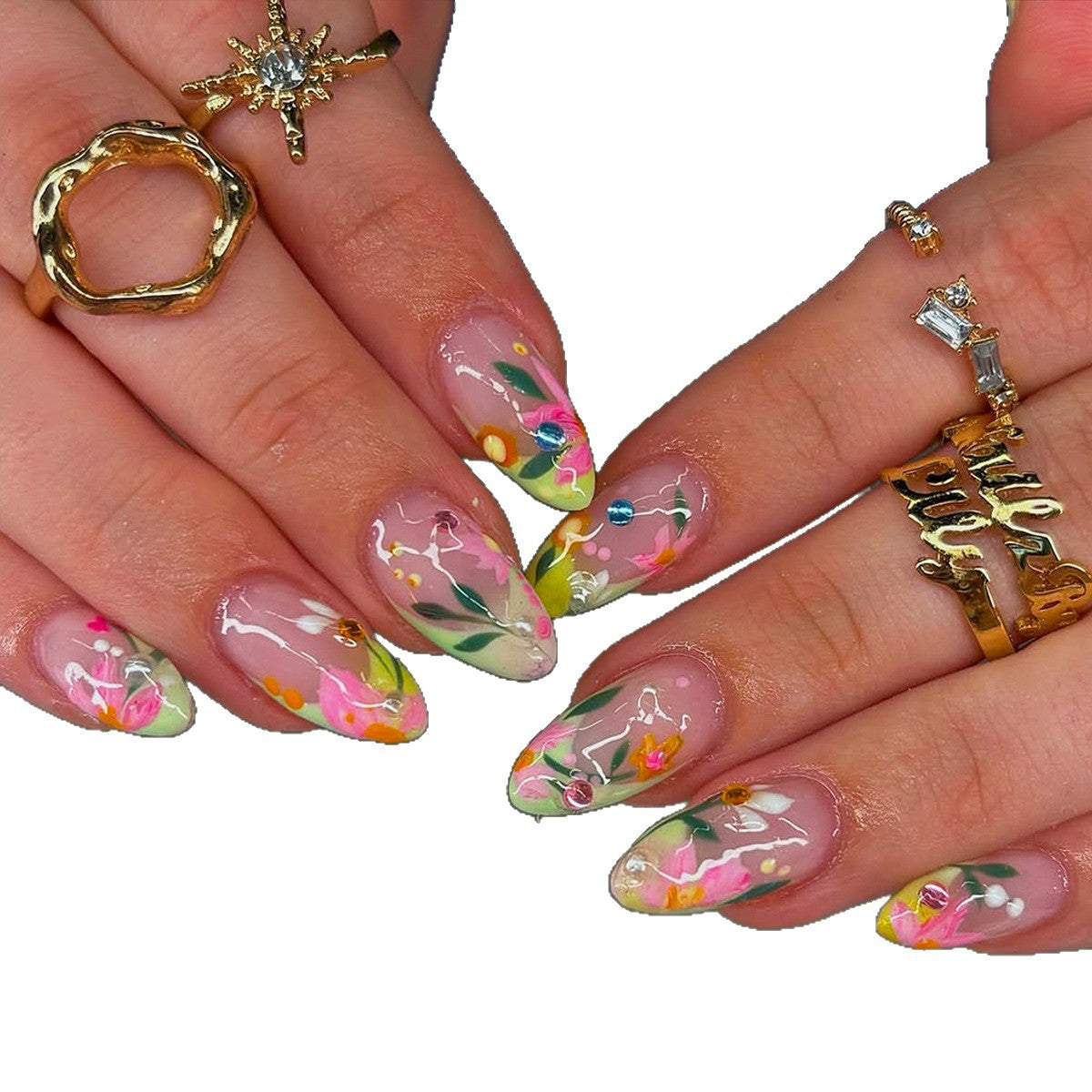 Künstliche Fingernägel mit Blumendesign und Glitzerakzenten Brehn